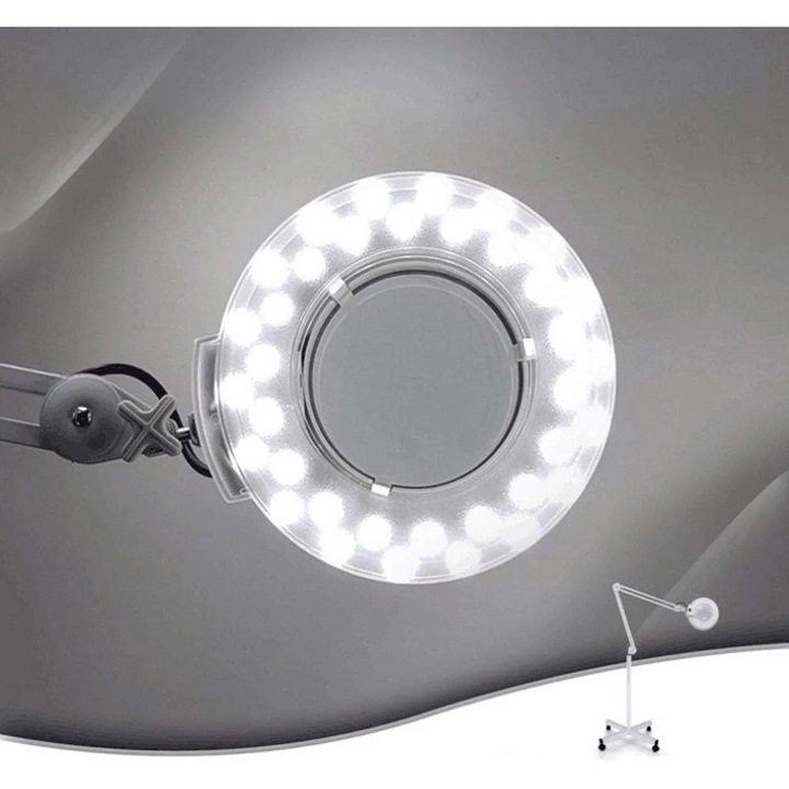 LED подова лампа, регулируемо люлеещо се рамо, 5 диоптъра, със стойка за под, за грижа за кожата, козметика, грим, маникюр, салон за татуировки, Цвят Бял