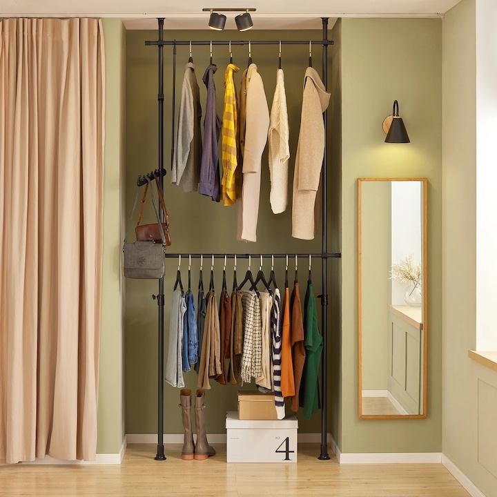 Sistem Garderoba Telescopic FRG109, cu 2 bare pentru rochii, sistem de depozitare rochii, rack de stocare, culoare negru