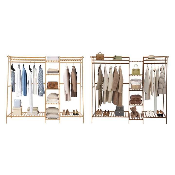 Suport Haine Rezistent, Rack de Pardoseala, Metal/ culoare Lemn, pentru Imbracaminte, Camasi, Rochii, Culoare Lemn