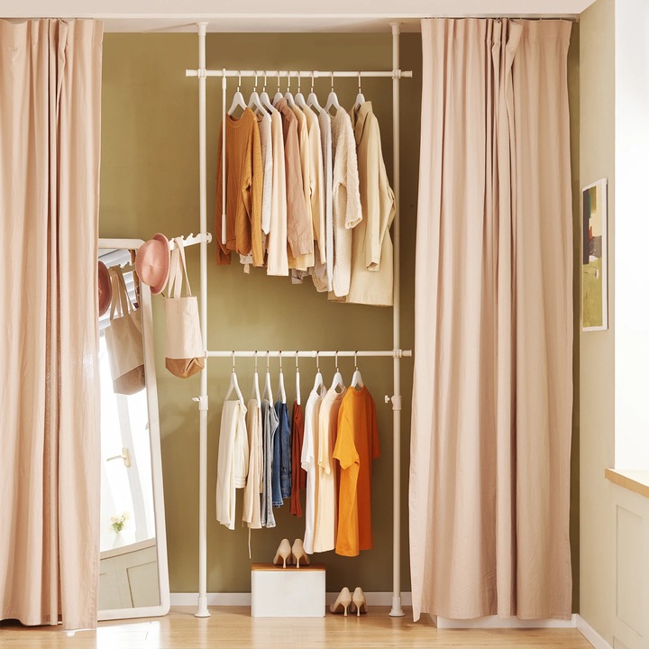 Sistem de Garderoba Telescopic FRG109, cu 2 Bare de Rochii, Sistem de Depozitare, Rafturi, Stand de Rochii, Culoare Alb