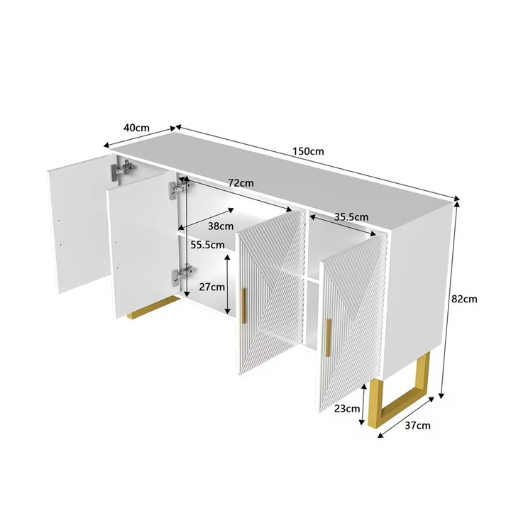 Comoda, design modern, 4 usi, rafturi ajustabile, ivory, 150x40x82cm