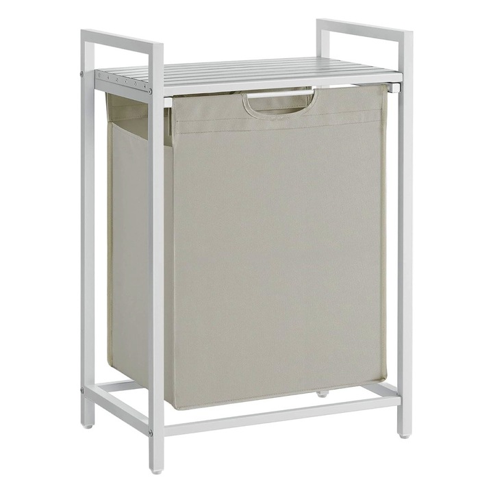 Кош за пране, подвижна торба, рафт за съхранение, стоманена рамка, бял, 65 л, 50 x 33 x 72 см