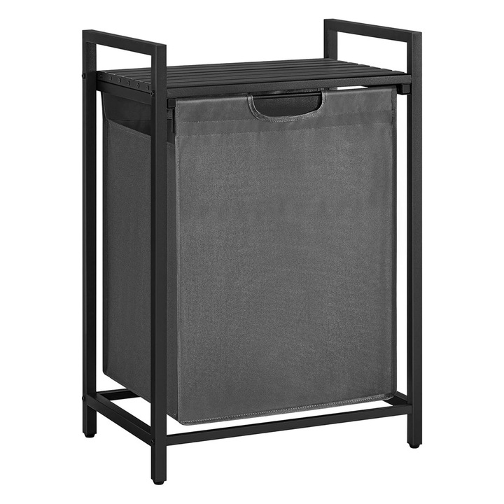 Кош за пране, подвижна чанта, рафт за съхранение, стоманена рамка, сив / черен, 65 л, 50 x 33 x 72 см