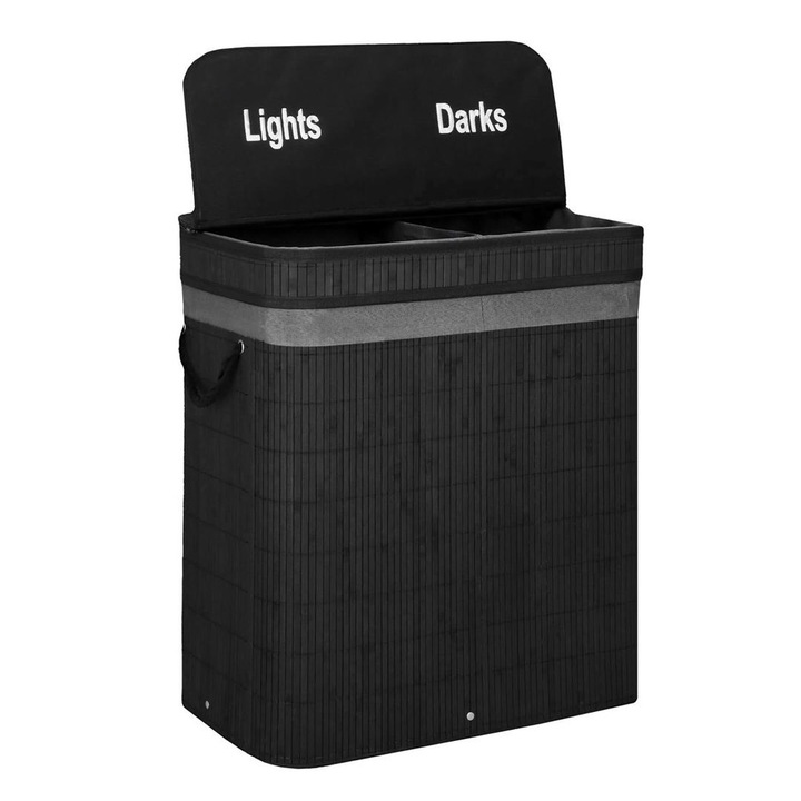 Кош за пране от бамбук, 2 отделения, с капак и цип, подвижна торба, черен, 100 л, 54 х 35 х 60 см