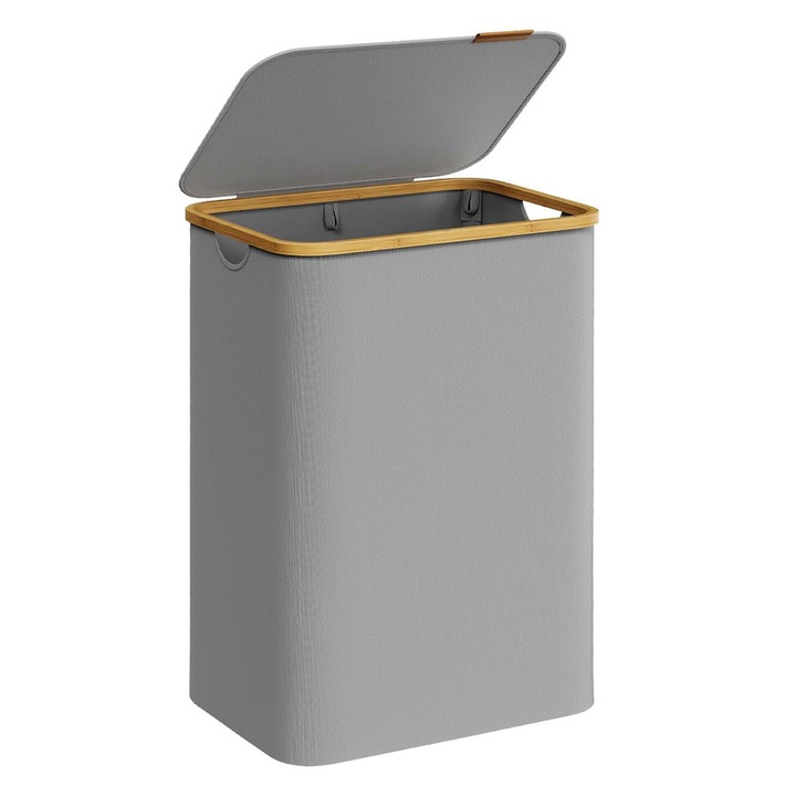 Кош за пране, 2 отделения, сгъваем, подвижни и универсални торби, сив, 130 л, 52 x 39 x 71 см