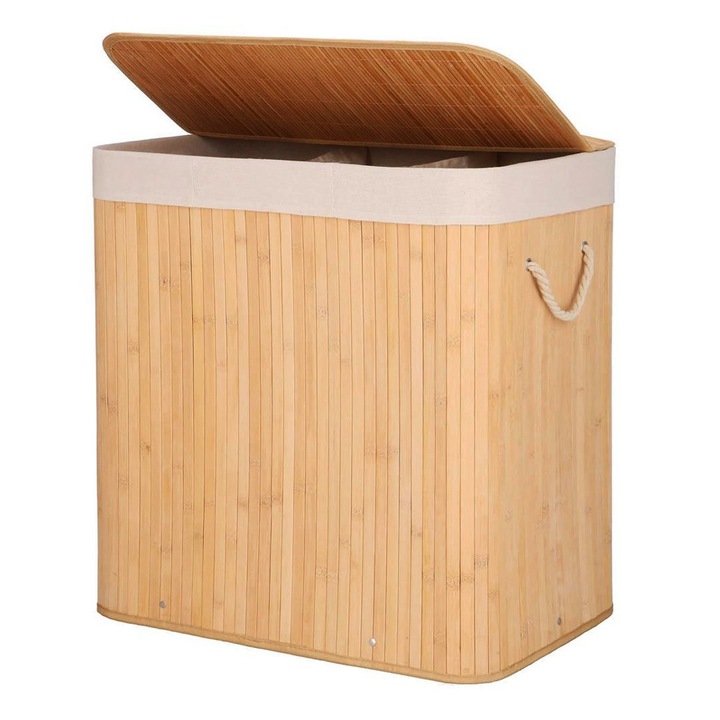 Кош за пране от бамбук, 3 отделения, с перяща се подплата и капак, сгъваем, естествен цвят, 150 л, 63 x 42 x 62 см