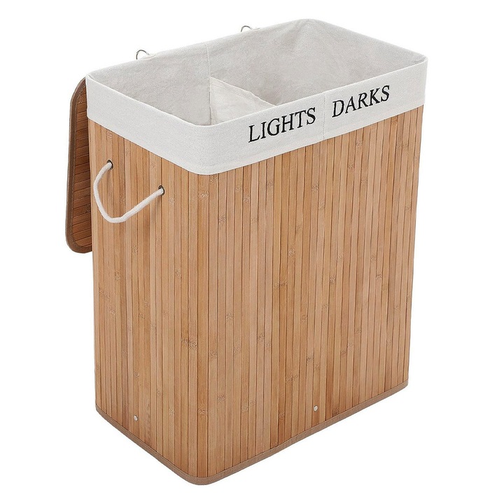 Кош за пране от бамбук 100л, 2 отделения, с капак, подвижна чанта, 52 x 32 x 62 см, кафяв
