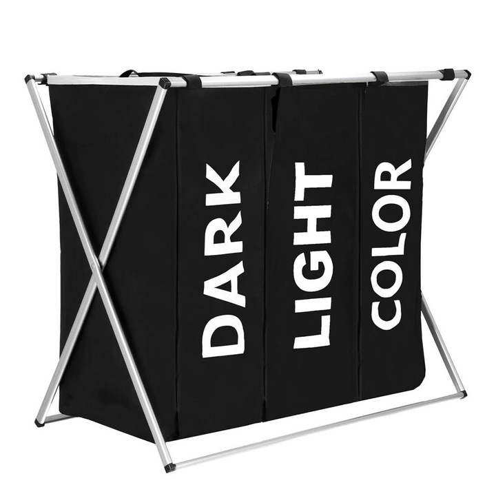 Кош за пране, 3 отделения, отделящи се универсални торби, джобове, изработен от текстилен материал, алуминиева рамка, черен, 146 л, 68 x 40 x 60 см