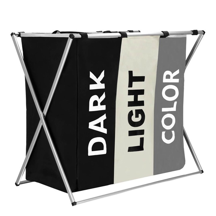 Кош за пране, 3 отделения, подвижни и универсални торби, джобове, текстилен материал, алуминиева рамка, 60 x 40 x 68 см, 146 л