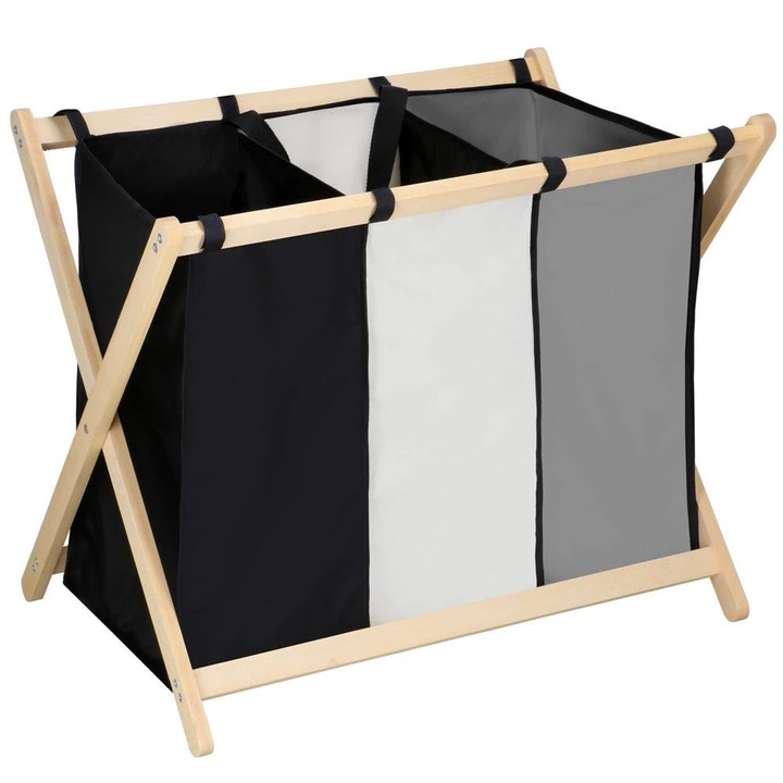 Cos de Rufe 105L, 3 Compartimente, Sac Detasabil si Versatil, Pliabil, din Material Textil, Cadru Lemn, 67 x 42 x 57 cm