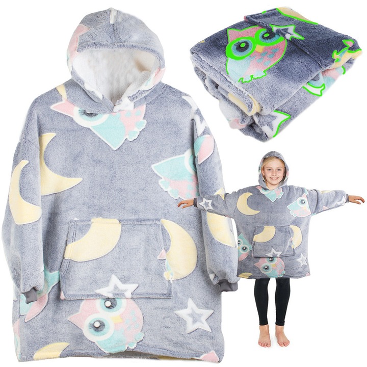 Одеяло тип суичър 2 в 1 с качулка и джоб, Zola, фосфоресциращи бухали, сиво, универсален размер, 60x75 см