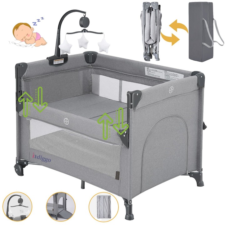 Patut Pliabil Co-Sleeper Kiddo™ HUG Laterala Glisanta Max Confort 2 Etaje, Tarc de Joaca, Plasa 360° Airflow View, Carusel Muzical Detasabil, Saltea Moale, Design Ranforsat, Intrare cu Fermoar, Roti Transport, Geanta Transport, Light Grey