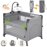 Patut Pliabil Co-Sleeper Kiddo™ HUG Laterala Glisanta Max Confort 2 Etaje, Tarc de Joaca, Plasa 360° Airflow View, Carusel Muzical Detasabil, Saltea Moale, Design Ranforsat, Intrare cu Fermoar, Roti Transport, Geanta Transport, Light Grey