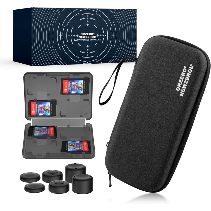 Husă transport pentru Nintendo Switch 2, set cu organizator jocuri, 12 sloturi, 8 sloturi, 6 capace Joy-con, negru