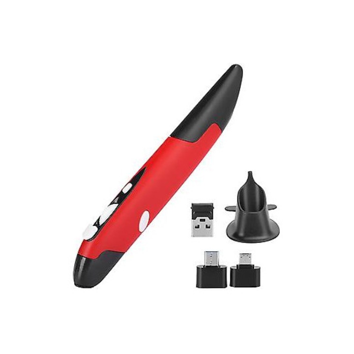 Mouse wireless tip stilou, 2.4G, 800/1200/1600 dpi, rosu, set complet