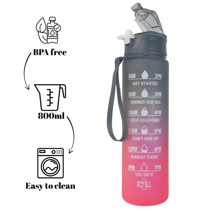 Sticla de apa 800 ml Skyfire, cu pai, gradatie si capac anti-scurgere, fara BPA