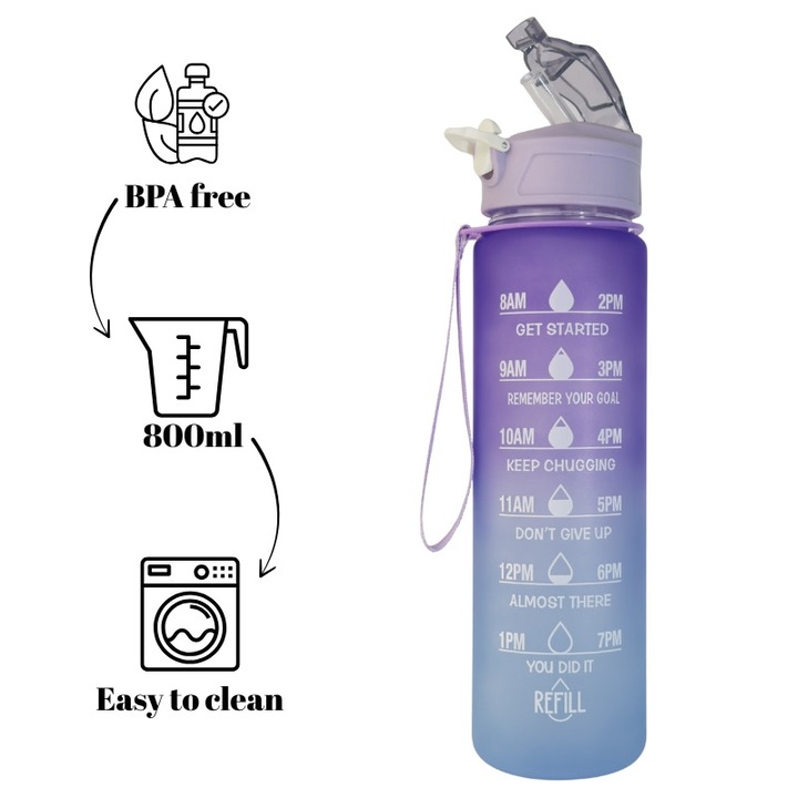 Sticla de apa 800 ml Lavander, cu pai, gradatie si capac anti-scurgere, fara BPA