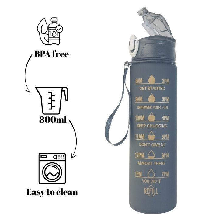 Sticla de apa 800 ml Shadow, cu pai, gradatie si capac anti-scurgere, fara BPA