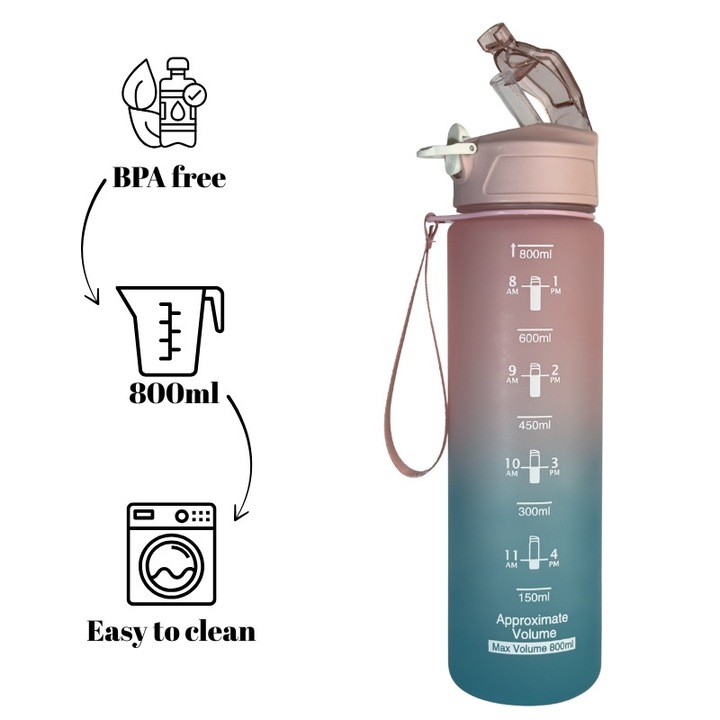 Sticla de apa Duo 800ml, Miami, Gradata, Plastic fara BPA, sistem anticurgere