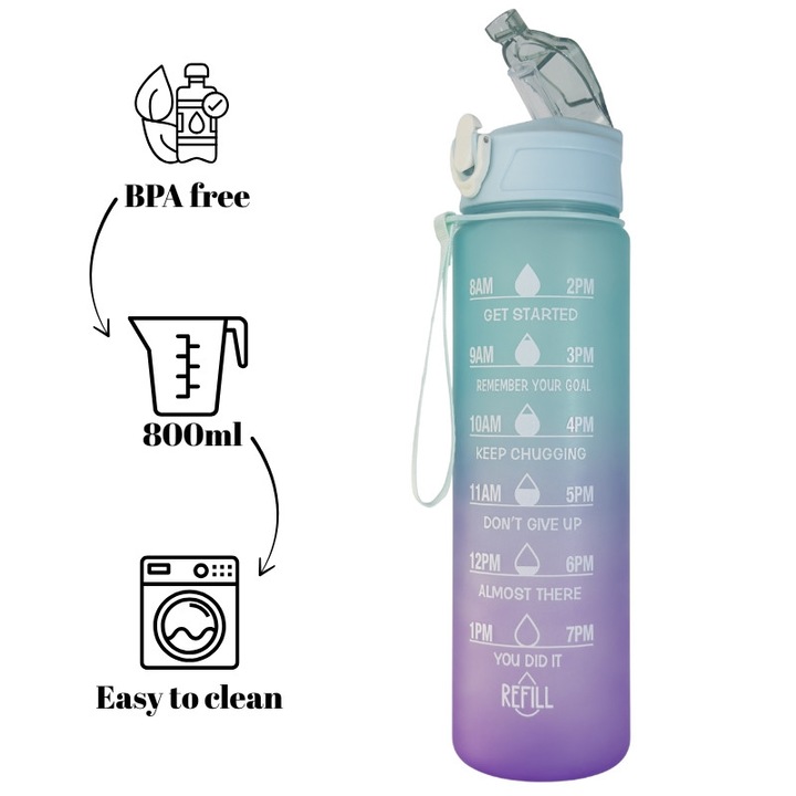 Sticla de apa 800 ml Energy Wave, cu pai, gradatie si capac anti-scurgere, fara BPA