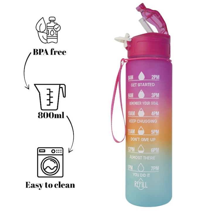 Sticla de apa 800 ml Lady, cu pai, gradatie si capac anti-scurgere, fara BPA