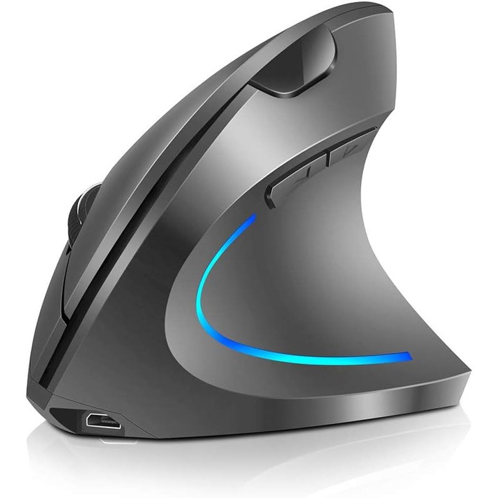 Mouse vertical ergonomic wireless 2.4GHz, 4 setari DPI ajustabile, 6 butoane, gri