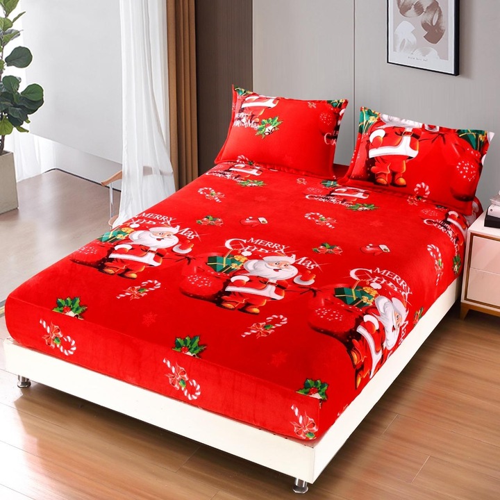 Set Husa Cocolino Premium cu Motive de Craciun, Rosu Deschis, 3 Piese, pentru Pat Dublu, Cearceaf de Pat cu Elastic 180x200cm, cu 2 Fete de Perna