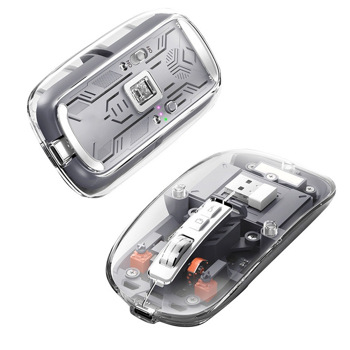 Mouse wireless transparent reincarcabil, 4 DPI ajustabili, conectivitate BT5.1/2.4G, design silentios