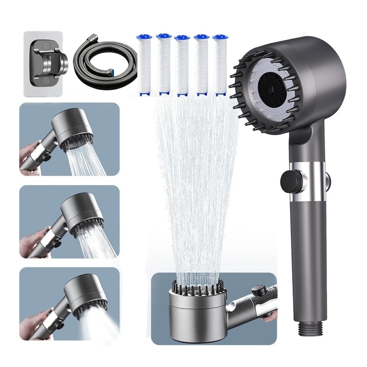 Para de dus cu masaj, Bedee, cu 4 setari, 5 filtre, gri, 25 cm
