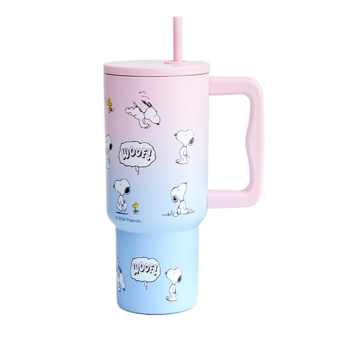 Cana termica, design Snoopy, capacitate mare, 900 ml, roz/albastru