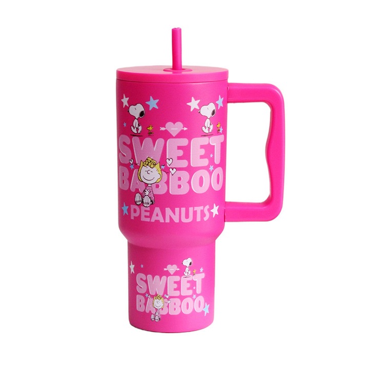 Cana termica, design Snoopy, capacitate mare, 900 ml, roz