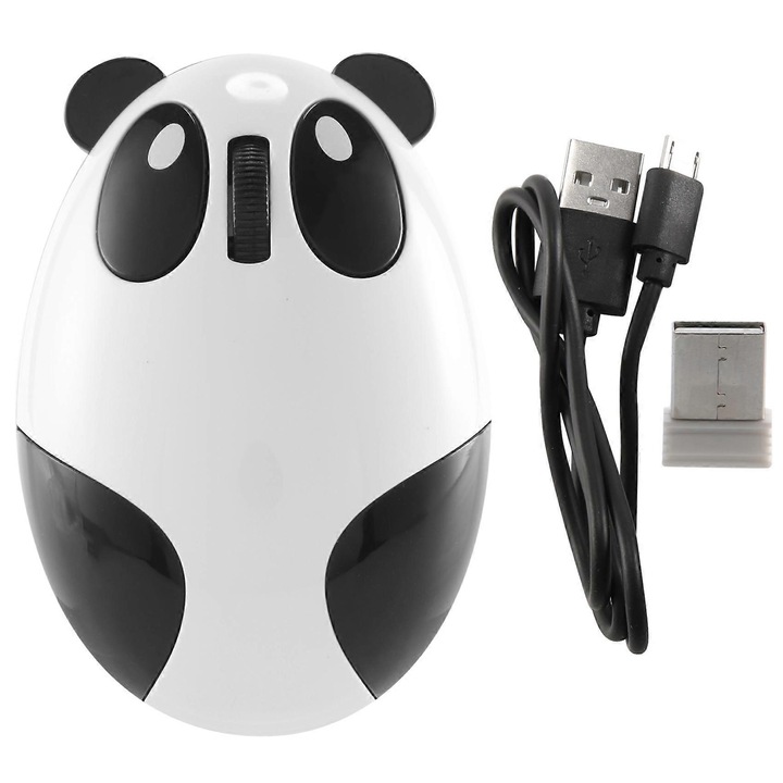 Mouse wireless 2.4GHz, design panda, 3 butoane, negru + alb, 95x66x40mm, set cu cablu de incarcare si receptor USB