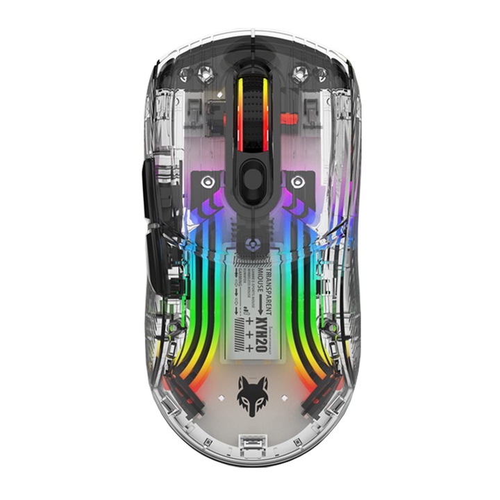 Mouse Gaming Mecanic Wireless, RGB, Design Transparent, 2.4GHz, Negru