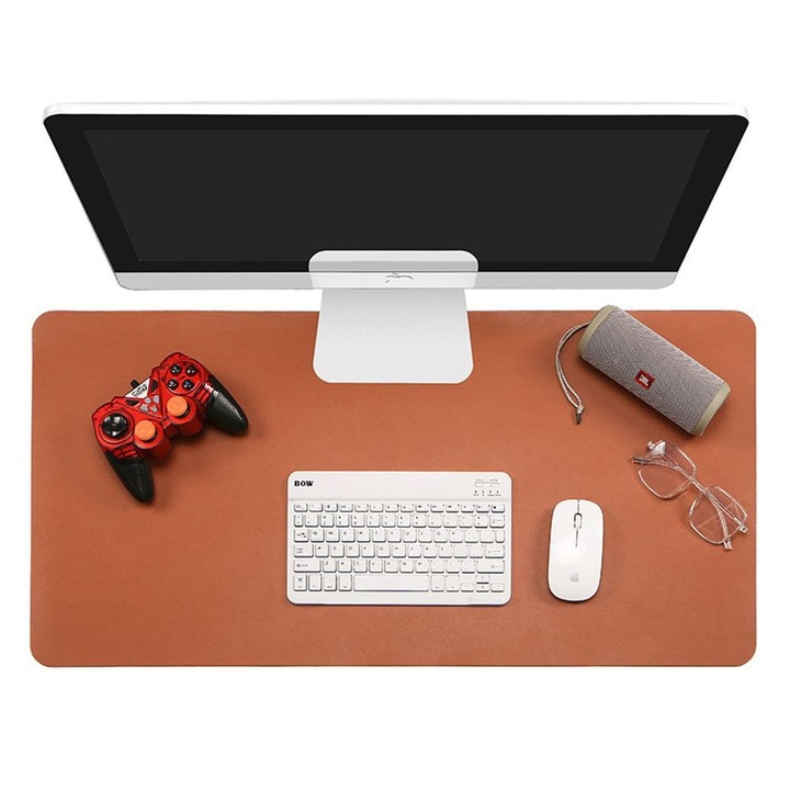 Protector birou rectangular din piele PU, 70x35cm, model abstract, antiderapant, maro