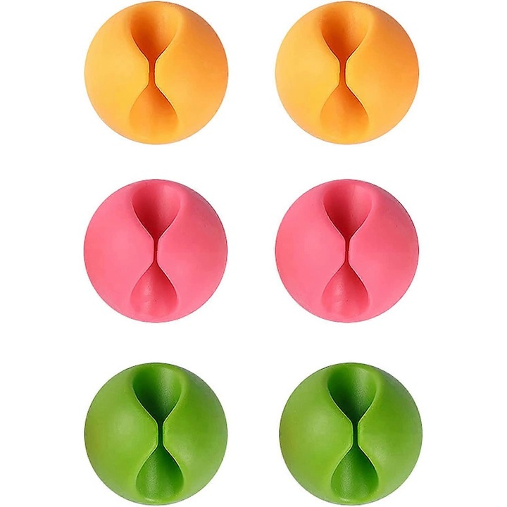 Set 6 clips pentru cabluri, organizator birou, roz/galben/verde, pentru cabluri cu diametru de pana la 7.5mm