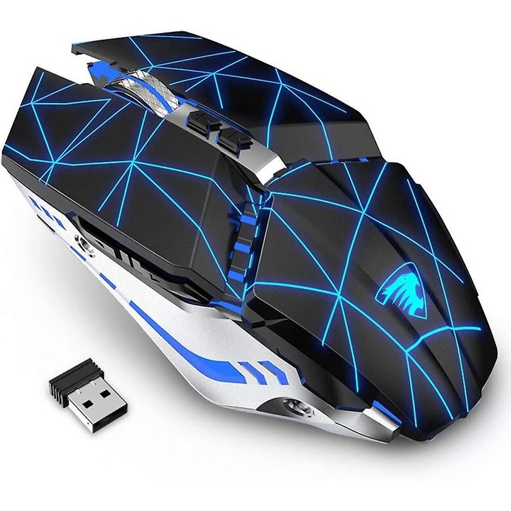 Mouse wireless reincarcabil T12, 2.4G, 7 butoane, LED multicolor, 3 DPI, compatibil cu laptop si PC