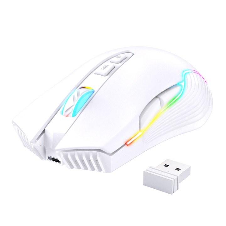 Mouse wireless ergonomic, 5 DPI ajustabile, alb, set