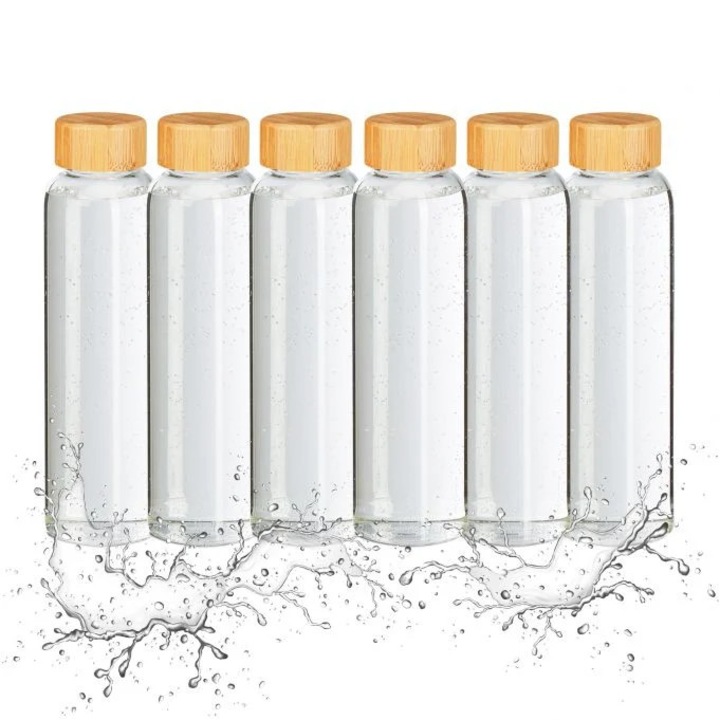 Комплект от 6 екологични стъклени бутилки за вода B2X с бамбукова капачка, неопренов ръкав, 26x24,5x16,5 см