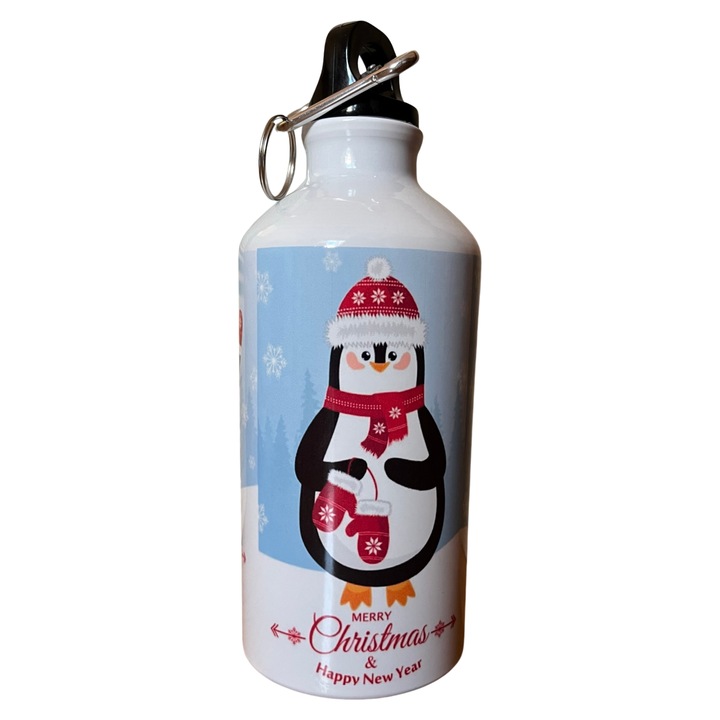 Bidon sport, fém, fehér, 500ml, karabineres kupakkal