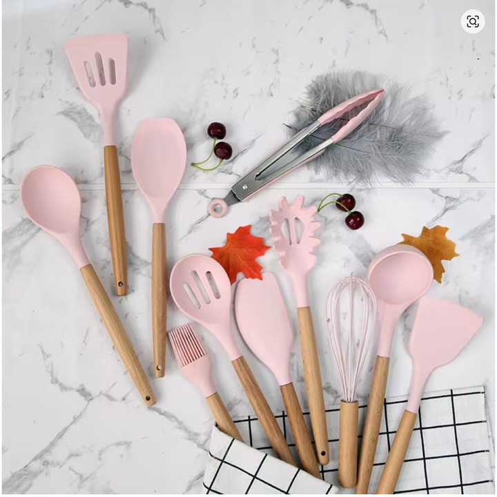 Set 12 ustensile pentru bucătărie, silicon și lemn de fag, culori diverse, 450g