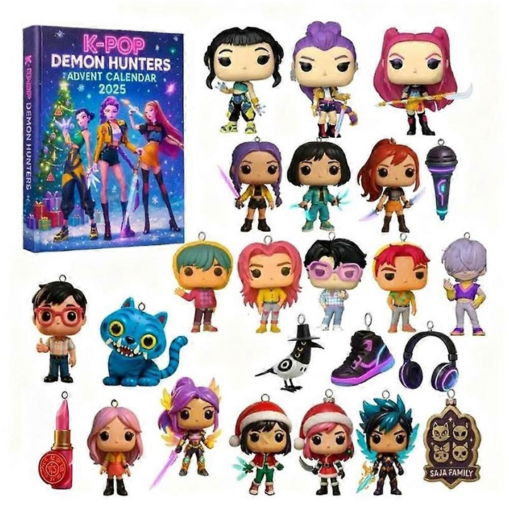 Адвент календар 24 дни Kpop Demon Hunters, комплект с 2D колекционерски висулки, многоцветен, 3.7x3см