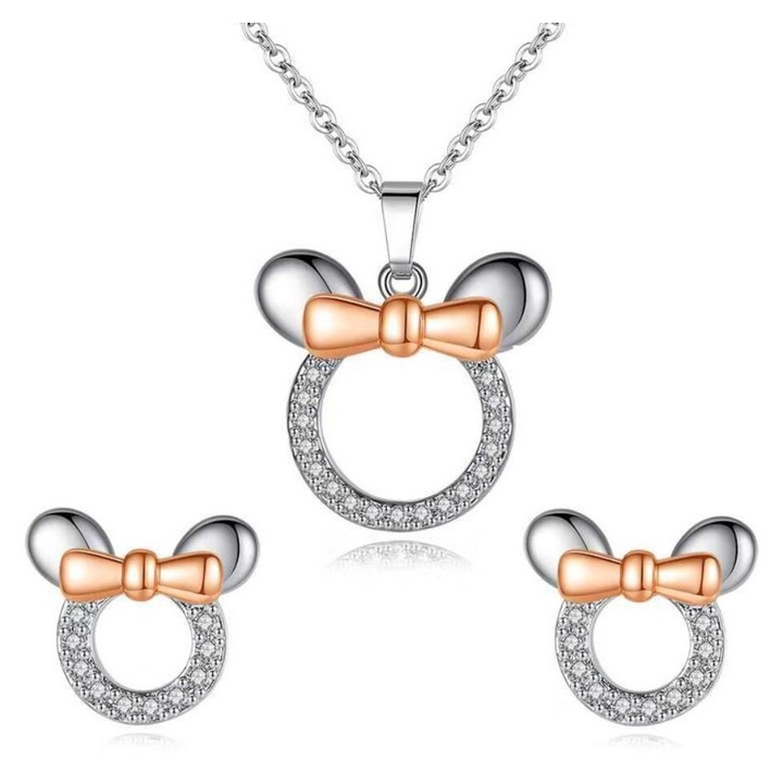 Set bijuterii, cercei si colier design soarece, argintiu/aur roz, 40cm + 5cm, 10 cristale zircon, 25g