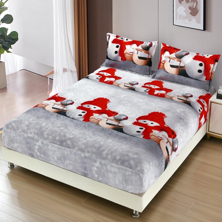 Set Husa Cocolino Premium cu Motive de Crăciun, Alb, 3 Piese, Cearceaf cu Elastic 180x200cm, 2 Fete de Pernă