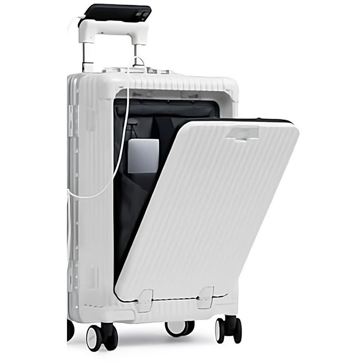 Troller Premium Alb, GIMASE, Must-Have pentru Calatorii, Roti 360°, Maner Reglabil, Port USB, Compartiment Laptop si suport pentru pahar