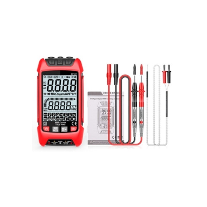 Multimetru digital portabil, display LCD cu iluminare de fundal, testator de frecventa, rezistenta si tensiune, rosu