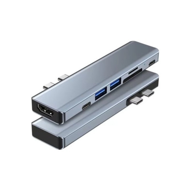 Хъб USB C 7 в 2, с 2 адаптера, HDMI 4K, USB 3.0, четец на карти, сребрист