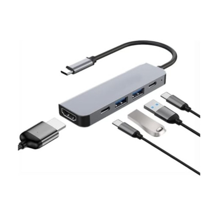 Hub USB C 5 az 1-ben, 4K HDMI, 100W PD, ezüst