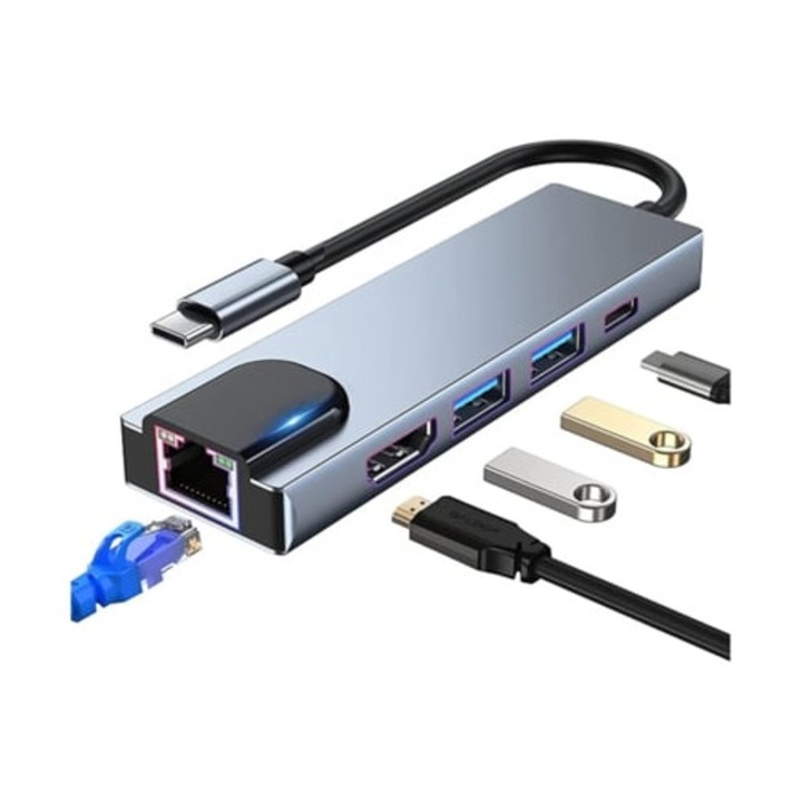 Hub USB-C 5 in 1, 4K HDMI, RJ45 Ethernet, USB 3.0, 100W PD, gri
