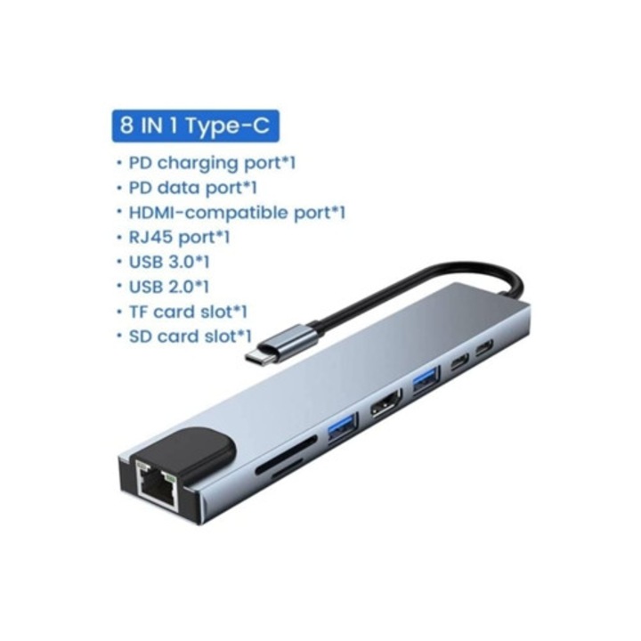 Hub USB C 8 in 1, HDMI, Ethernet, 3 x USB 3.0, cititor card SD/micro SD, argintiu