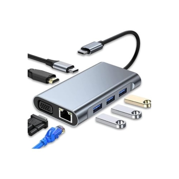 Hub USB-C 7 in 1 cu HDMI 4K, VGA, USB 3.0, RJ45 Ethernet, argintiu
